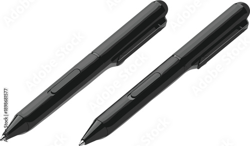 Two black ballpoint pens with silver tips on white background black pens writing instruments