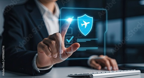 Businesswoman touching virtual screen with travel insurance shield and airplane icon.