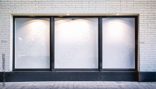 empty storefront window display with clean glass and white brick wall background minimal layout concept for advertising branding or design mockup ai generative