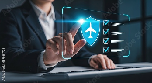 Businesswoman touching virtual screen with airplane shield icon for travel insurance.