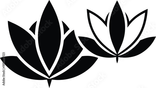 Simple black and white illustration depicting two stylized lotus flower silhouettes high quality