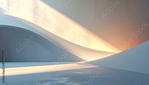 Modern white bridge structure at sunrise with golden light and misty atmosphere