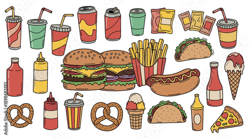 Fast food and drinks illustration, burgers, tacos, fries, sodas, ice cream, and condiments
