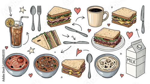 Lunch time doodles collection. hand drawn sandwiches soups drinks and kitchen utensils in outline style