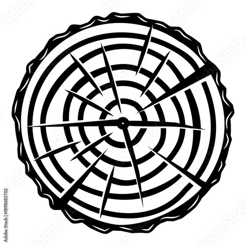 A graphic black and white illustration of a tree trunk cross-section with growth rings and radial cracks, perfect for nature and decay themes.