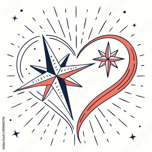 Two cosmic stars colliding with a vibrant burst, dramatically forming a glowing heart shape in deep space, symbolizing powerful love and celestial event.