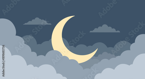 Simple Flat Style Crescent Moon Over Clouds Peaceful Night Illustration