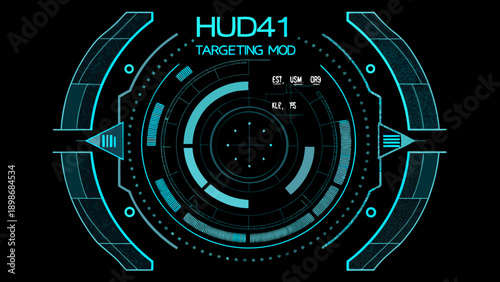 Futuristic hud41 targeting mod display with cyan glowing elements