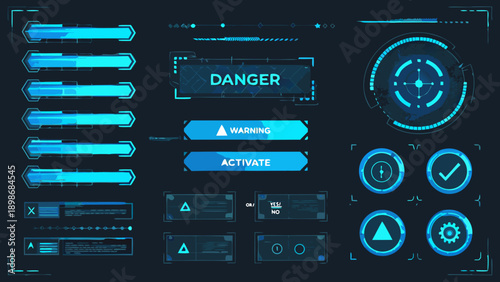 Futuristic user interface elements with loading bars and warning signs