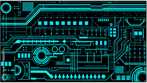 Abstract cyan circuitry pattern resembling a futuristic motherboard design