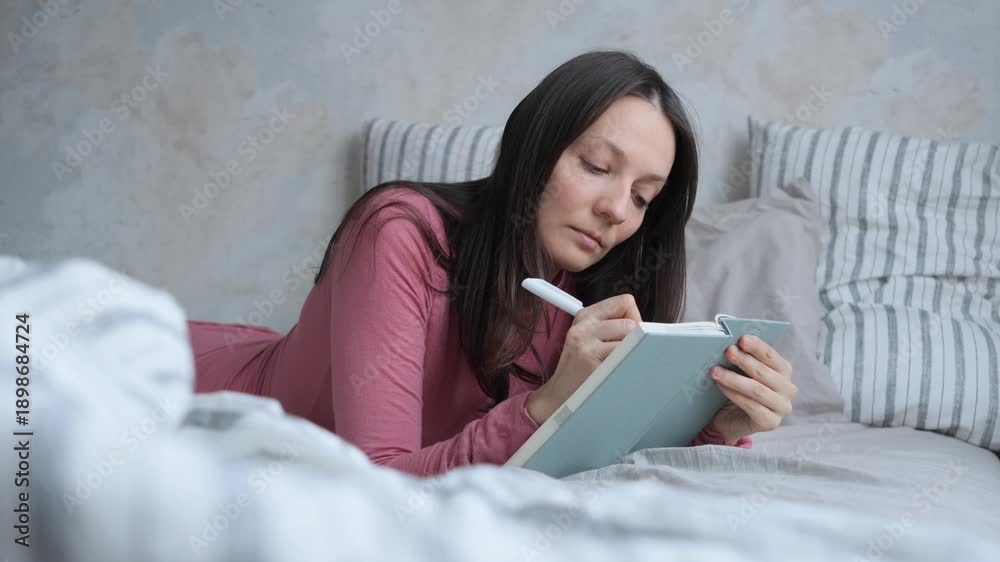 custom made wallpaper toronto digitalthoughtful woman lies in bed writes in diary, writes emotions, wish list notebook. mental health care, psychotherapy. female writer plans her workday, makes to do list. female writer creates article.