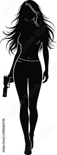 Vector, black, silhouette, illustration, of, a, beautiful, woman, with, long, hair, walking, and, holding, a, handgun, for, action, adventure, movie, and, tactical, gaming, design