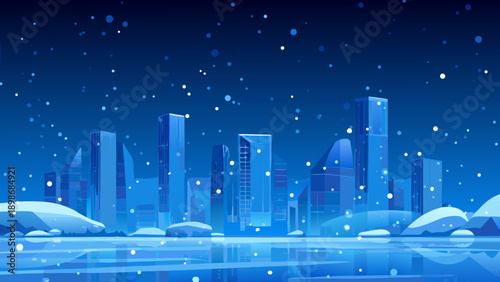 A stylized blue cityscape under a snowy night sky