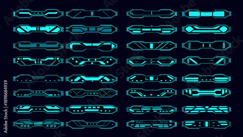 Futuristic interface elements a collection of glowing cyan hexagonal shapes