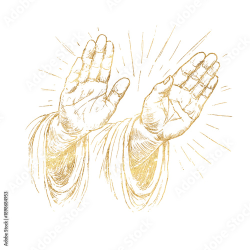 Blessing golden hands gesture with raised fingers, pencil sketch illustration symbolizing faith, prayer, protection, spiritual guidance, inspired by traditional Christian iconography, isolated. Vector