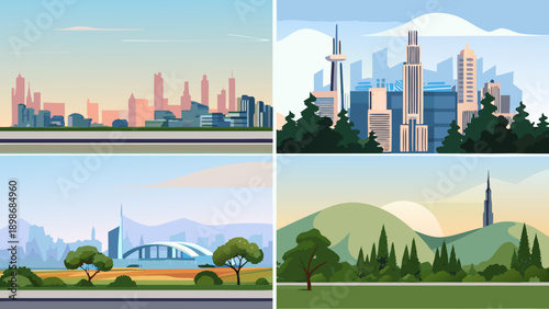 Four panels depicting cityscapes and landscapes in a flat vector style