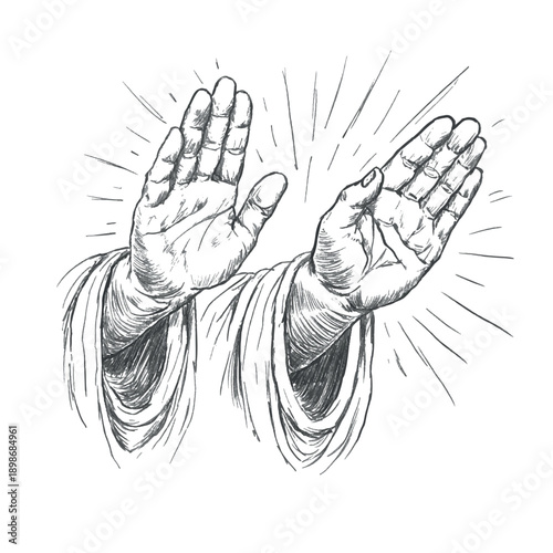 Blessing hands gesture with raised fingers, pencil sketch illustration symbolizing faith, prayer, protection, spiritual guidance, inspired by traditional Christian iconography, isolated. Vector