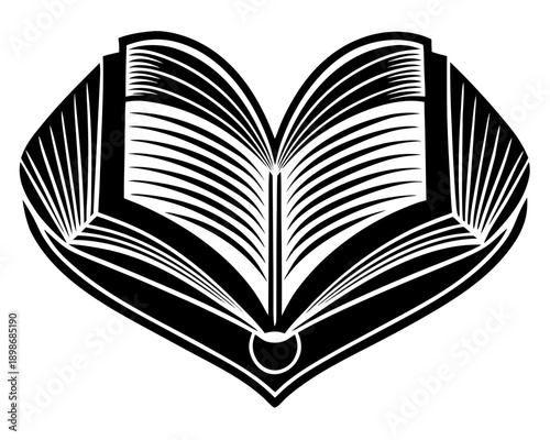 Open Book Shaped Heart Black and White Line Art Reading Love Literature Symbol book, heart, openbook, pages, reading, literature, love, romance, knowledge, wisdom, education, library, story, novel