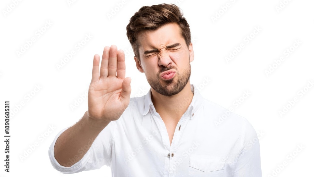 Naklejka premium A man in a white shirt holds up his hand in a stop gesture, eyes squinted and lips puckered. Concept Stop gesture portrait, Man in white shirt, Squinting eyes and puckered lips, Expressive portrait