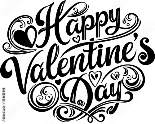 Happy Valentine's Day Swirl Calligraphy Heart Flourish Black and White Vector valentines, happyvalentine, valentine, happy, day, calligraphy, swirl, flourish, ornate, script, lettering, hearts