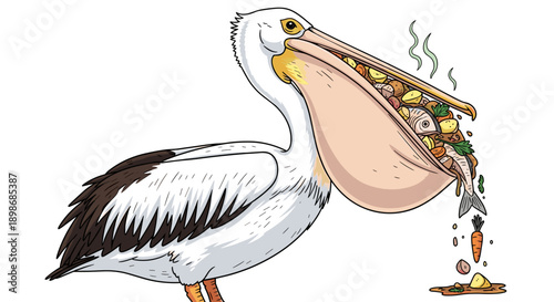 Cartoon Pelican with Overflowing Pouch Full of Food, Comic Bird Character with Fish and Vegetables Isolated on Transparent Background, Humorous Wildlife Illustration
