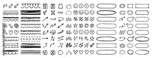 doodle underline emphasis scribble elements line hand drawn set. doodle brush shapes stroke highlight sparkle and arrow elements. childish drawing kids style.
