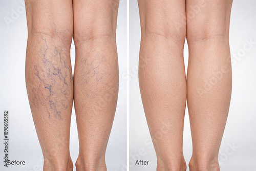 Ultra-realistic medical before-and-after visualization of sclerotherapy treatment for varicose veins on female legs.