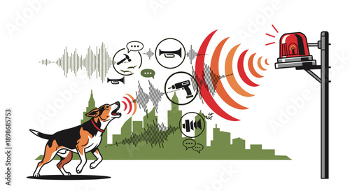 City Noise Pollution Vector Illustration: Barking Dog, Siren, Construction Sounds, Isolated on Transparent Background. Urban Annoyance, Auditory Stress, Nuisance Complaint