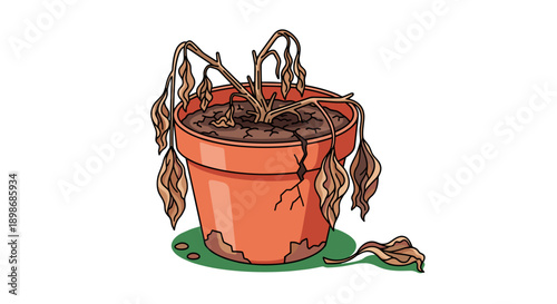 Sad Dead Plant in Cracked Pot - Illustration of Failure, Neglect and Loss of Hope isolated on transparent background, Ideal for Emotional or Symbolic Designs