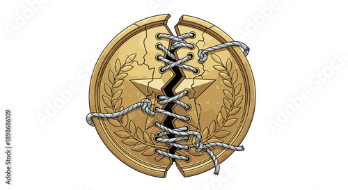 Broken Golden Coin Mended with Rope, Achievement Failure, Comic Style Illustration, Crisis Management Concept isolated on transparent background, stock vector