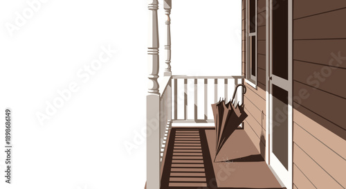 Abandoned Umbrella on Porch Vector Illustration, Rainy Day Vibes, Country House Design, isolated on transparent background for Stock Illustration Composition