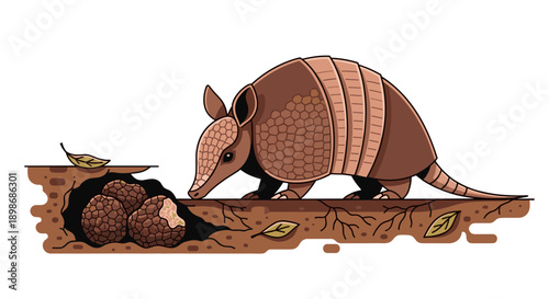 Cute Cartoon Armadillo Sniffing Truffles, Wildlife Animal Vector Illustration, Foraging Concept, Isolated on Transparent Background, Stock Illustration