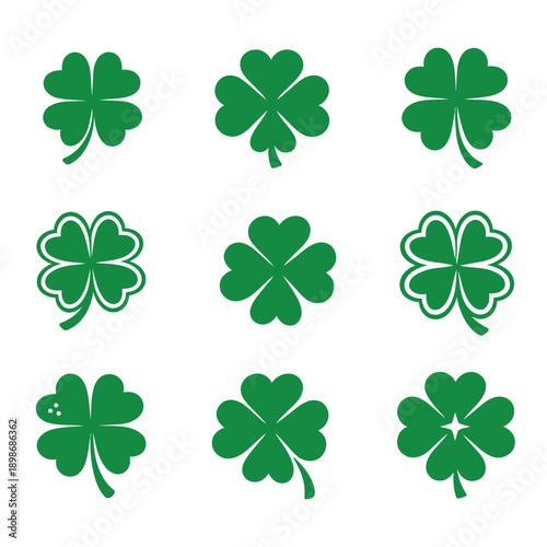 Set of green four-leaf clover icons in flat vector style. Collection of lucky shamrock symbols for St. Patrick's Day design.
