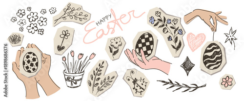 Set of Easter elements on torn scrap paper for holiday collage, scrapbooking and journaling. Hand drawn twigs, lettering, flowers tulip and Women's hands holding and hanging decorated eggs.