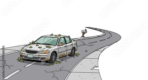 Neglected Car with Leaves and Dirt: Abandonment Symbolism, Illustration of Overgrown Vehicle, Cartoon Style, Isolated on transparent background for Commercial Use.