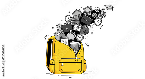 Overwhelmed Backpack: Stress of Modern Life Concept, Yellow Bag with Bursting Workload Icons, Vector Illustration, Isolated on transparent background for Easy Design Integration