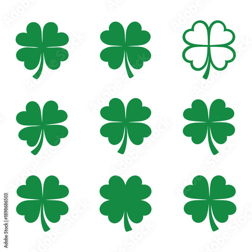 Set of green four-leaf clover icons in flat vector style. Collection of lucky shamrock symbols for St. Patrick's Day design.

