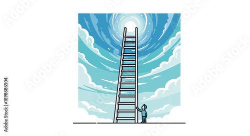Ladder to Success Cartoon: Reaching for the Sky, Ambition, and Achievement, isolated on transparent background. Vector Illustration for Motivation and Career Growth.