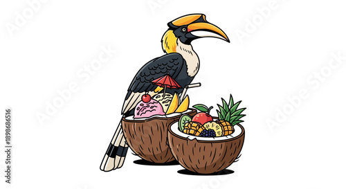 Tropical Hornbill with Coconut Fruit & Ice Cream - Exotic Bird Summer Vacation Vector Clipart, Isolated on Transparent Background, Perfect for Stickers & Design
