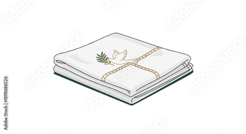 Clean White Towel Stack with Dove and Olive Branch Symbol, Vector Icon for Peace, Spa, Baptism or Funeral, isolated on transparent background.