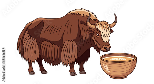 Cartoon Yak with Wooden Bowl - Adorable Furry Character Illustration - Isolated on transparent background for Children's Books, Stickers, and Design Projects