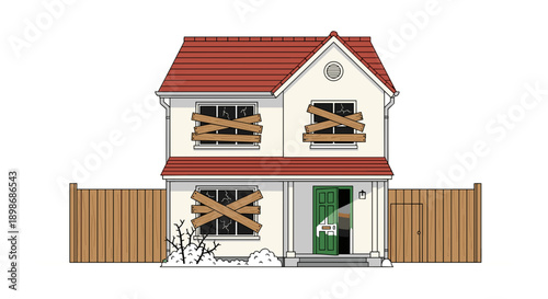 Cartoon House With Boarded Up Windows - Property Damage Illustration, Economic Decline, Real Estate Crisis, Isolated on transparent background. Vector Style