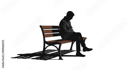 Silhouette of a Sad Man Sitting on Bench, Depression Concept, Grief, Crisis, Solitude Illustration, Loneliness, Despair, isolated on transparent background, Vector