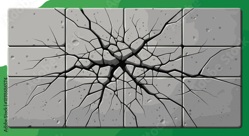 Cracked Concrete Vector Texture. Damaged Gray Tile Surface, Earthquake Aftermath, Stone Wall Failure, Destruction Concept. Isolated on transparent background.
