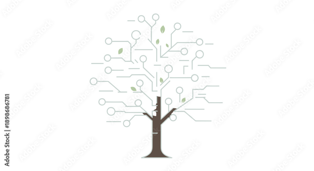 Fototapeta premium Abstract Technology Tree Vector. Growing Tech Circuit Board Tree with Leaves Isolated on Transparent Background. AI, Future, Innovation, and Green Energy Concept.