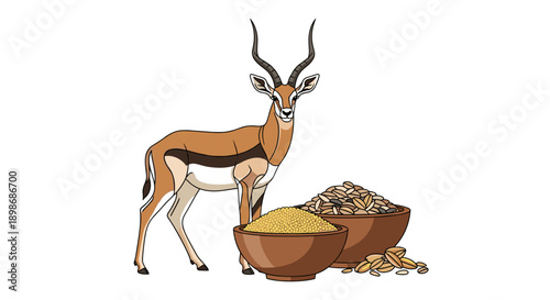 Elegant Gazelle and Grain Bowls: Nutritional Harmony, Cartoon Style Vector Illustration, Animal Wellbeing, Isolated on Transparent Background.