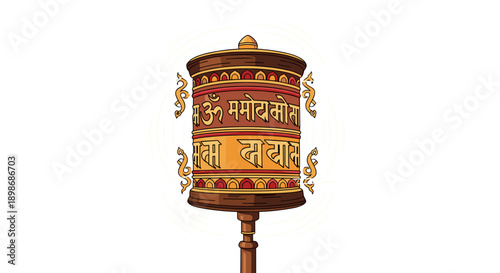 Traditional Tibetan Prayer Wheel Vector Illustration for Meditation and Spirituality - Symbol of Inner Peace and Positive Energy isolated on transparent background.