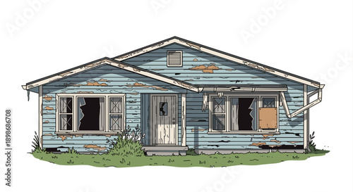 Sad Abandoned House Vector Illustration: Foreclosure, Decline, and Ruin - Dilapidated Home with Broken Windows, Isolated on Transparent Background. Housing Crisis Stock