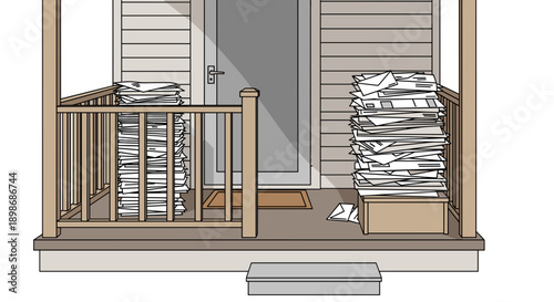 Overwhelmed Mail: Pile of Unopened Bills and Letters Overflowing on Porch, House Clutter, Financial Stress, Isolated on transparent background, Vector Illustration