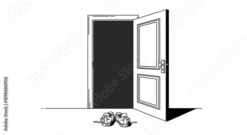Open Doorway Vector: Opportunity, Transition, and Possibility. Modern Cartoon Line Art Illustration of Doorway with Shoes, Isolated on Transparent Background.